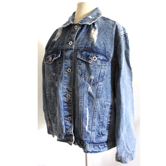 Highway NWT Destroyed Denim Jean Jacket XL Distressed Frayed Fringe - Picture 5 of 11